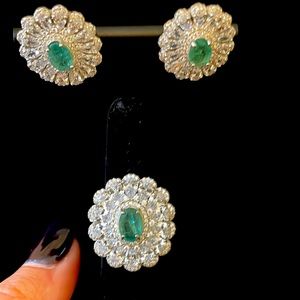 925 silver genuine emeeald and cz accent earrings amd ring set. Ring size 8.